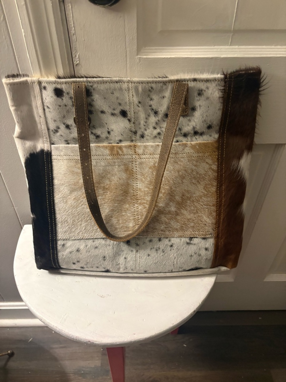 Patchwork Cowhide Tote Bag in White, Brown & Black
